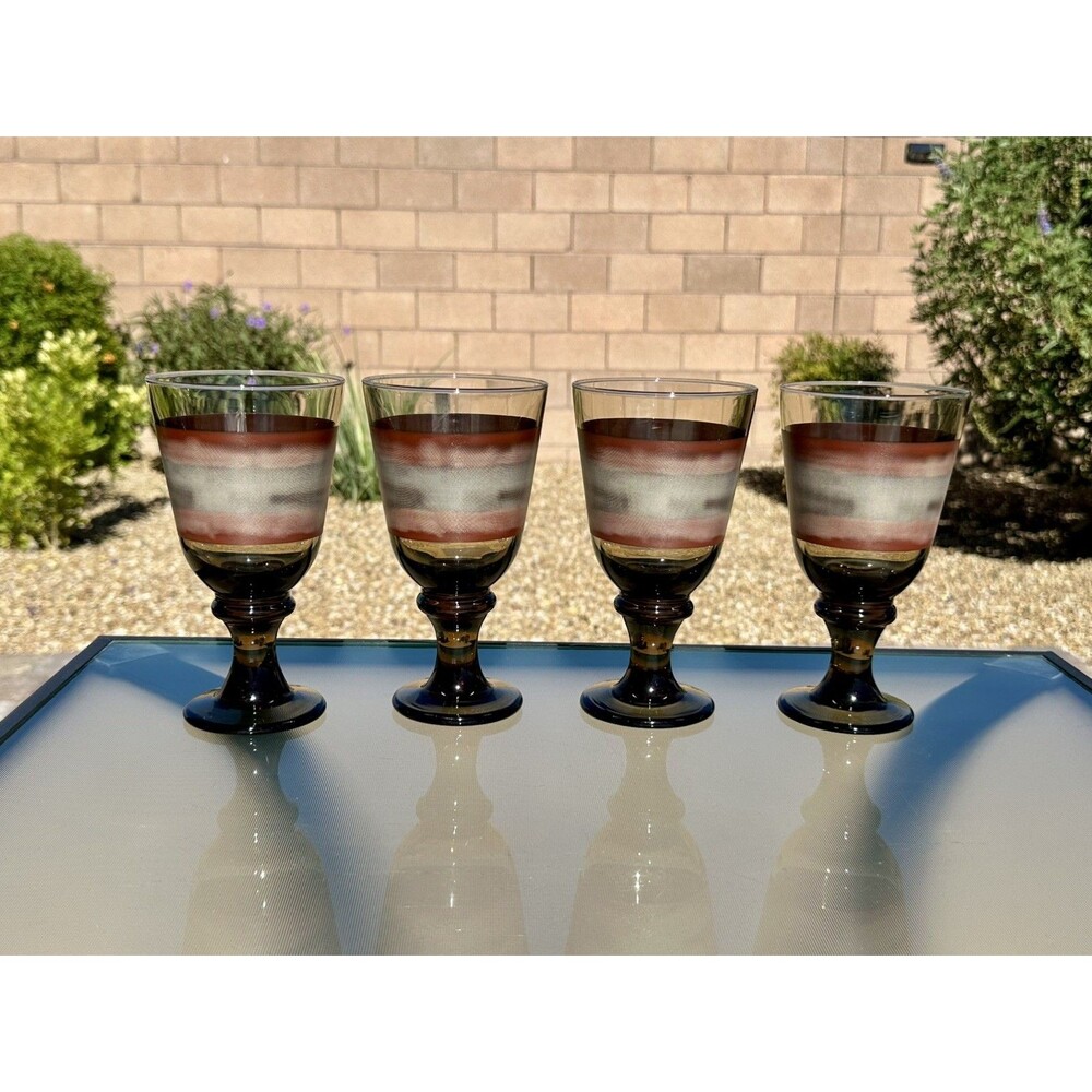 Set Of 4 1970s Libbey Nova Brown Stem Wine Water Drink Goblet Glass 7" Tall